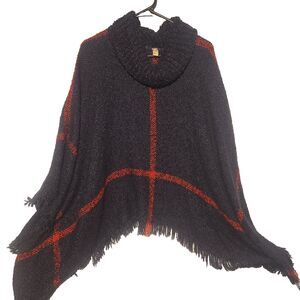 Cozy Shawl Turtleneck Knitted Oversize Wrap in Blue and Red Warm Soft Lagenlook